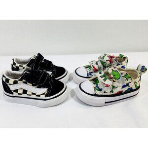 Lot Of 2 Toddler Sneakers Size 2 Converse Dinosaurs & Vans Checkered